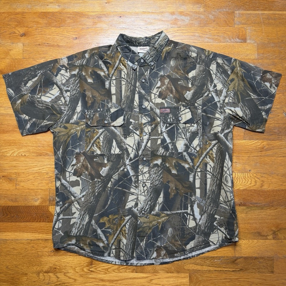 VTG Woolrich Camo Button Shirt Men L Brown Green Realtree Hardwoods Short Sleeve